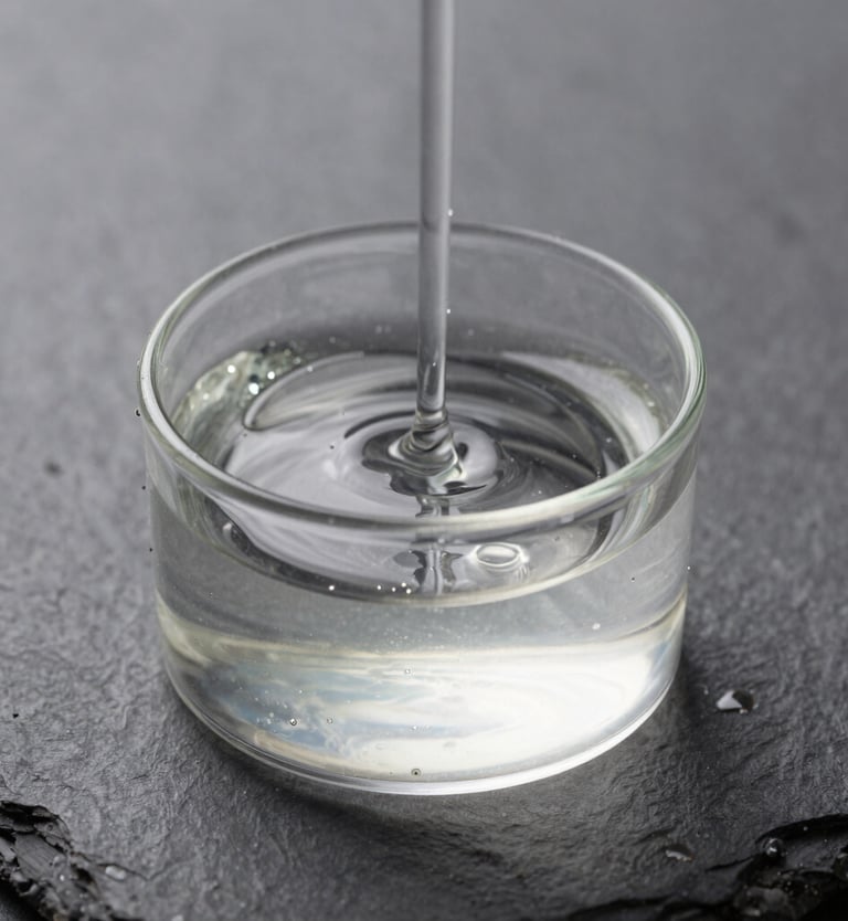 Macro photography of clear, high-quality liquid fuel shimmering in a transparent container against a minimalist slate background, studio lighting, clean and professional.