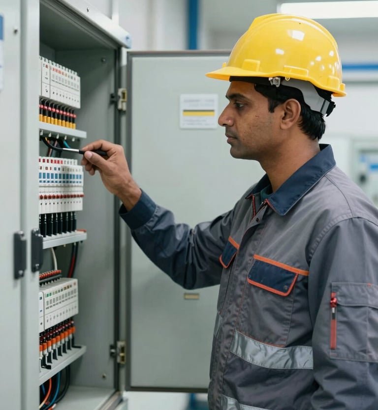 A South Asian electrical engineer in a professional industrial uniform and safety gear, confidently inspecting a modern distribution board. The background shows a clean, organized electrical shop with off-white walls and skyblue accents.