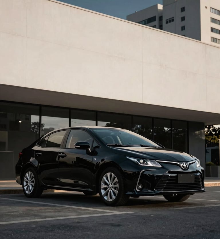 A sleek, black Toyota Corolla parked in front of a modern minimalist building in a South American / Brazilian city. The car is perfectly detailed, reflecting the midnight charcoal blue sky. The composition is cinematic and professional, using soft off-white lighting to emphasize the vehicle's curves.