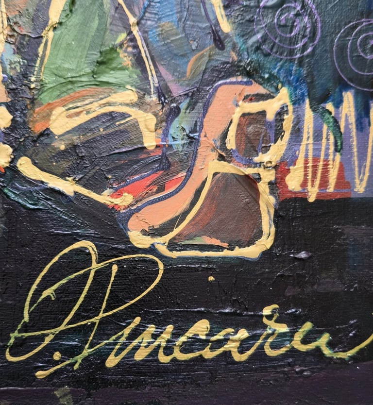 Expressive figurative Leinwand: zwei Gestalten in Umarmung, leuchtende Farben, weiße Linien – Romeo 