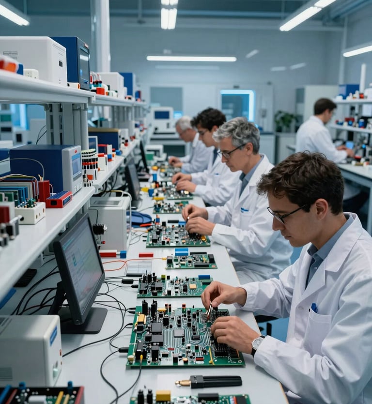 A wide shot of a futuristic electrical engineering laboratory with blue ambient lighting, a group of professionals in modern professional attire working on complex circuit boards, Spanish / Global.
