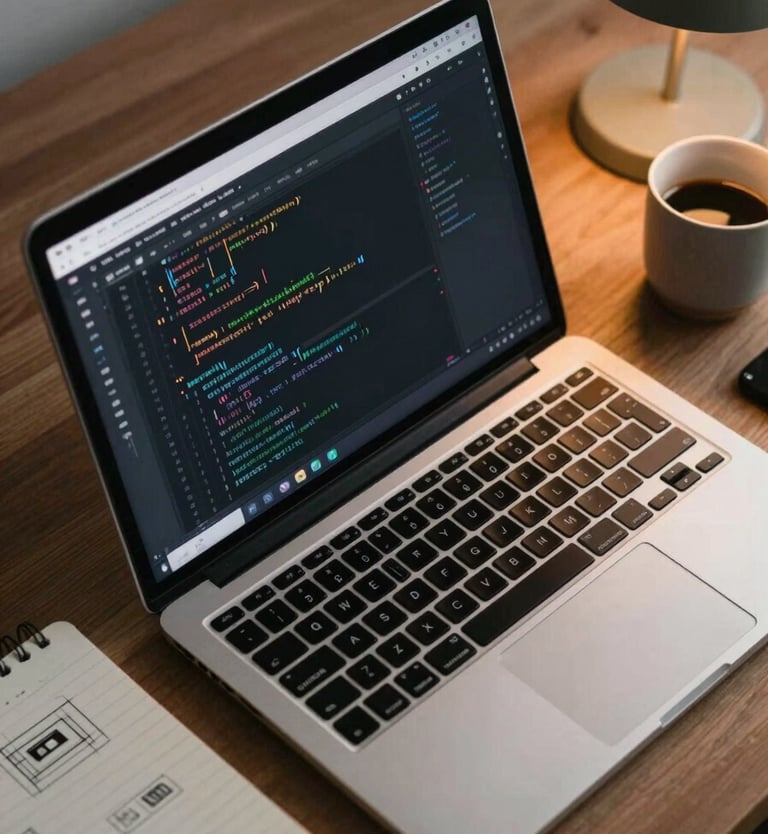 Overhead shot of a laptop screen displaying a web application's code editor with a dark theme, a notepad with wireframe sketches beside it, a ceramic coffee cup to the upper right, warm desk lamp light, no faces, workspace documentary style