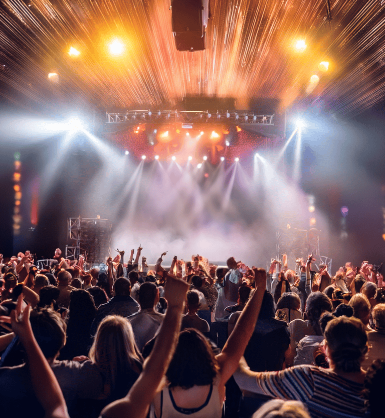 a crowd of people standing in front of a stage with lights