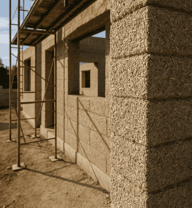 Eco-friendly house under construction using hempcrete and hemp-based insulation materials.