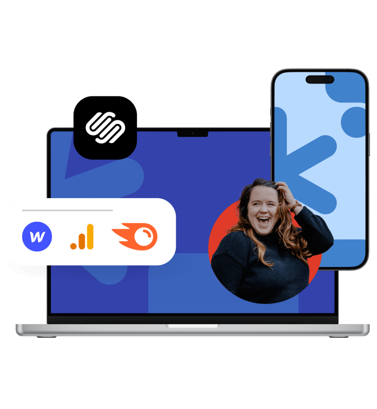 an image depicting a laptop and iPhone displaying different web platform icons and woman smiling