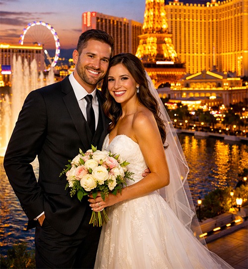 A smiling bride and groom pose at a Las Vegas wedding with the Eiffel Tower and fountains in the background.