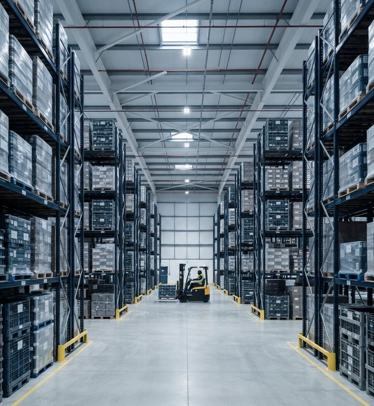Wide, clean shot of a modern, well-organized industrial warehouse interior with high shelving, neatly stacked pallets, and a forklift in the background, cool neutral lighting, sharp focus.