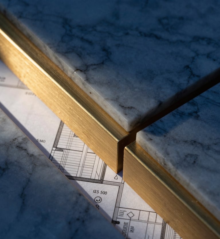 An elegant close-up of premium building materials, marble and brushed gold steel structures, architectural blueprint visible underneath, sharp focus, dramatic lighting