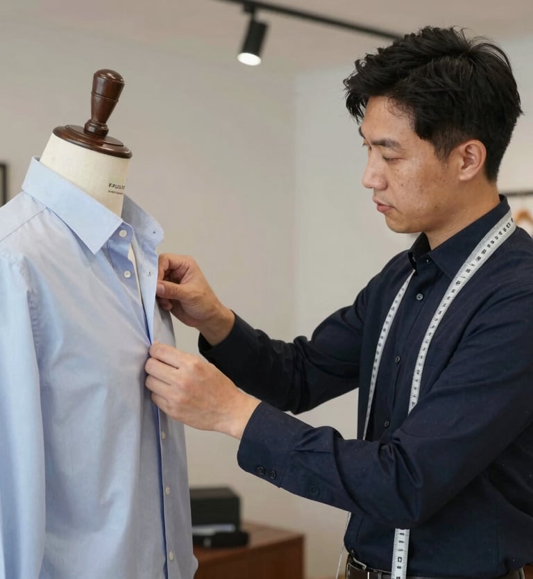 A fashion designer adjusts a white satin bridal gown on a tailor's mannequin.