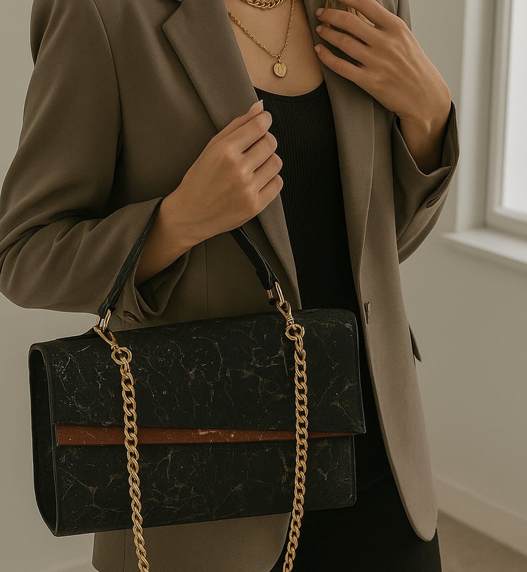 a woman carrying a handbag made by cork leather. Vegan women's handbag