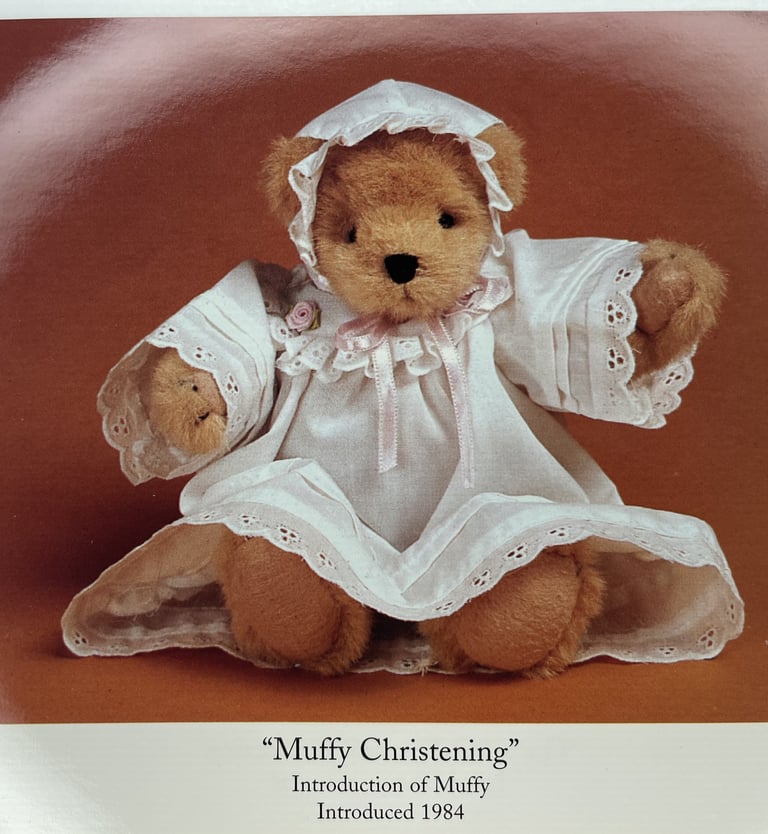 Muffy VanderBear teddy bear dressed in christening gown