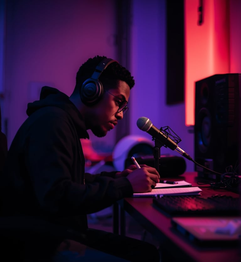 Rapper independente escrevendo letra dentro de estúdio de produção musical