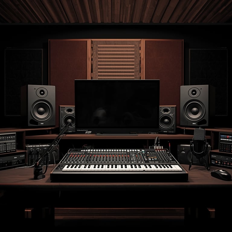 Estúdio de produção musical rap com equipamentos profissionais e ambiente underground