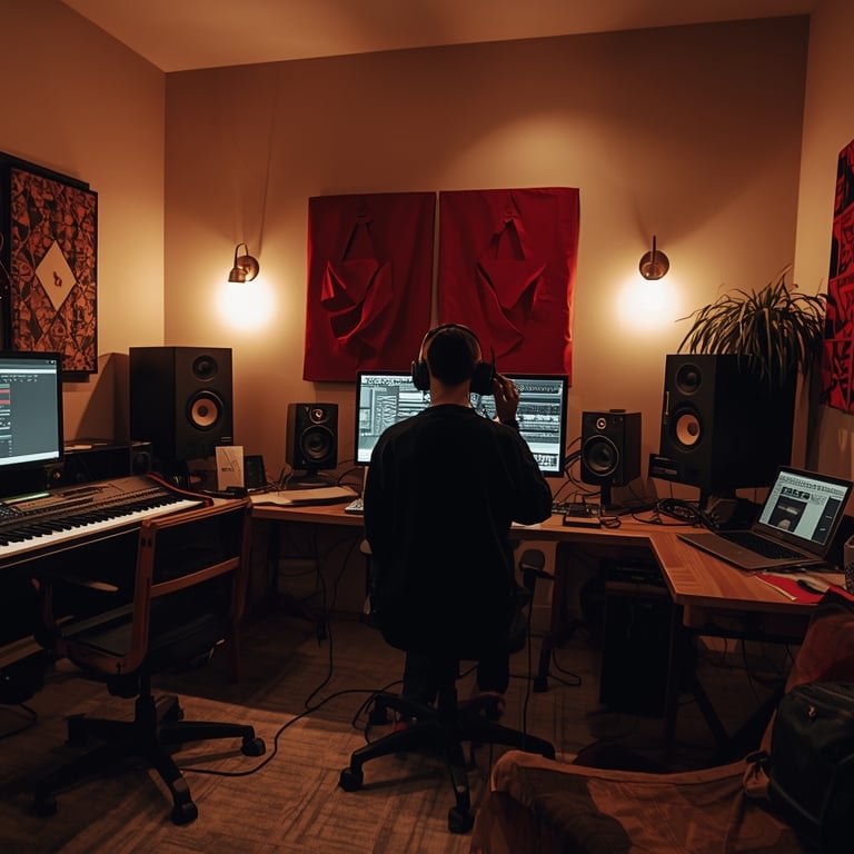 Estúdio de produção musical rap com equipamentos profissionais e ambiente underground