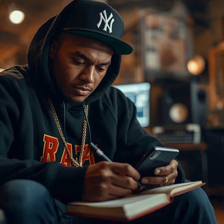 Rapper independente escrevendo letra dentro de estúdio de produção musical