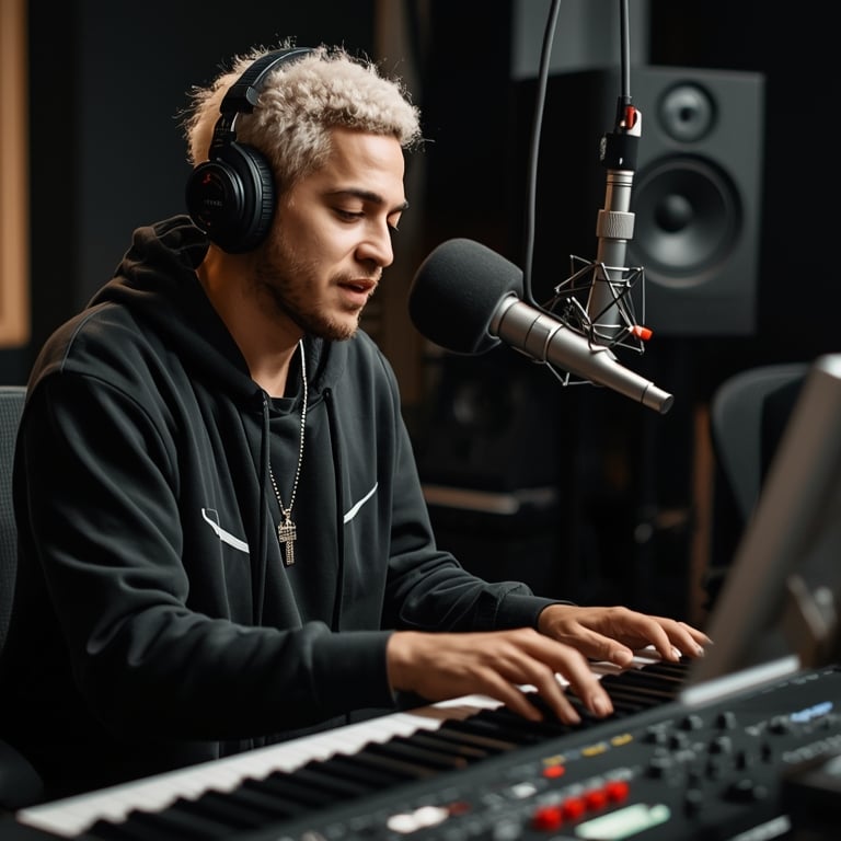 Rapper independente escrevendo letra dentro de estúdio de produção musical