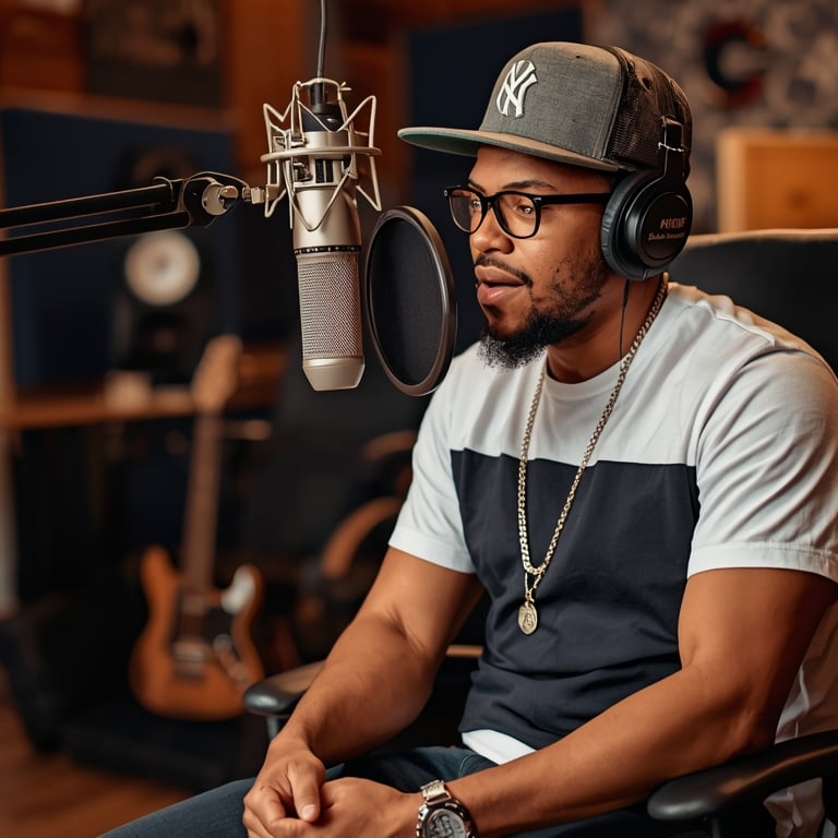 Rapper ouvindo música com fones em estúdio após finalizar produção musical