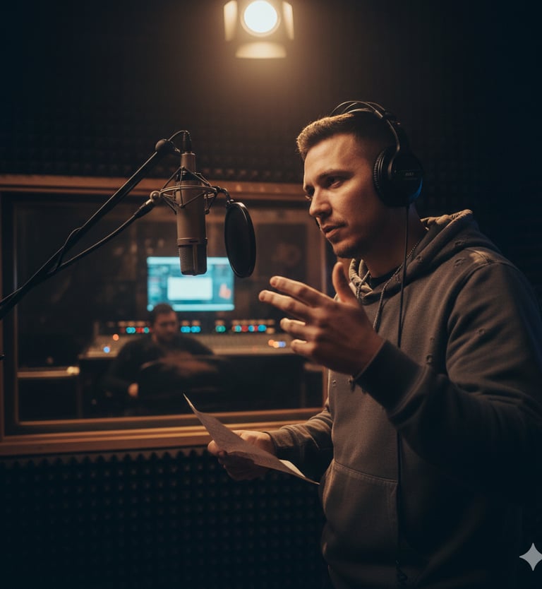 Rapper ouvindo música com fones em estúdio após finalizar produção musical