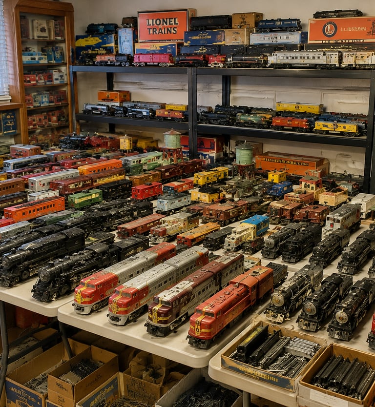 Large Lionel model train collection with original boxes, locomotives, and passenger cars.