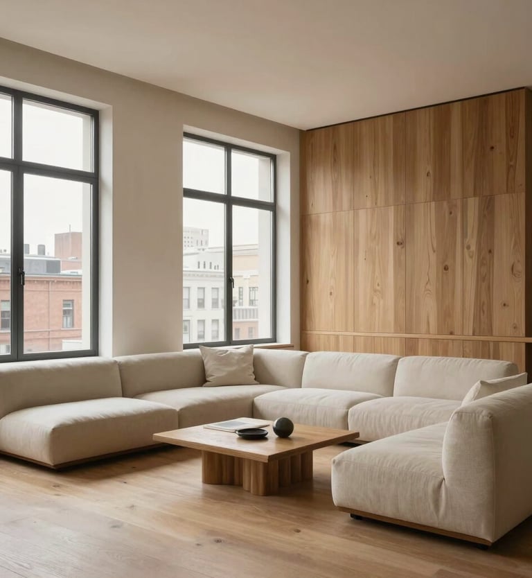 A wide-angle photograph of an elegant, minimalist living room with large windows. The interior features natural wood textures and a palette of Warm Tan and Crisp Parchment, in an International urban setting.