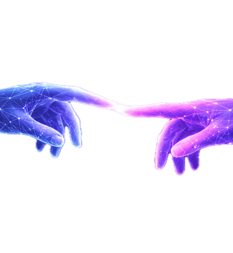two hands touching each other with a glowing blue light
