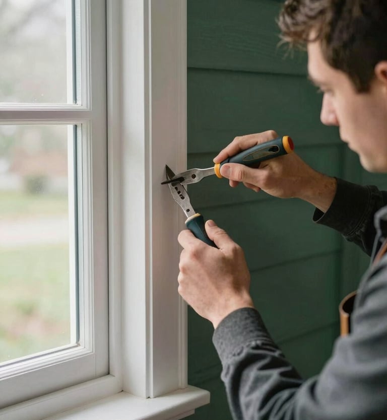 A skilled professional installing a traditional New England style white window frame in a North American home, focusing on precise hand tools and craftsmanship, natural morning light, mist white and deep forest green accents.