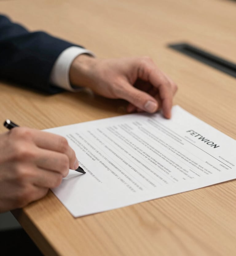 Close-up on hands reviewing a printed deal summary on a conference table, a second person's sleeve visible across the table, warm studio lighting with a shallow depth of field, professional office setting