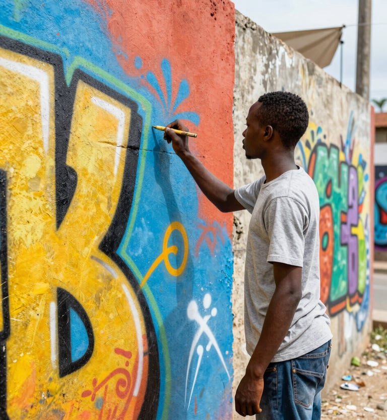 Medium portrait of a young Senegalese graffiti artist painting a colorful mural on a raw urban wall, bright daylight, vibrant saturated colors, documentary style.