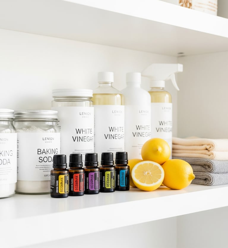 Estantería minimalista con botellas de vinagre blanco, frascos de bicarbonato, aceites esenciales,