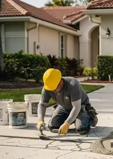 a man in a yellow helmet is working on a concrete slab