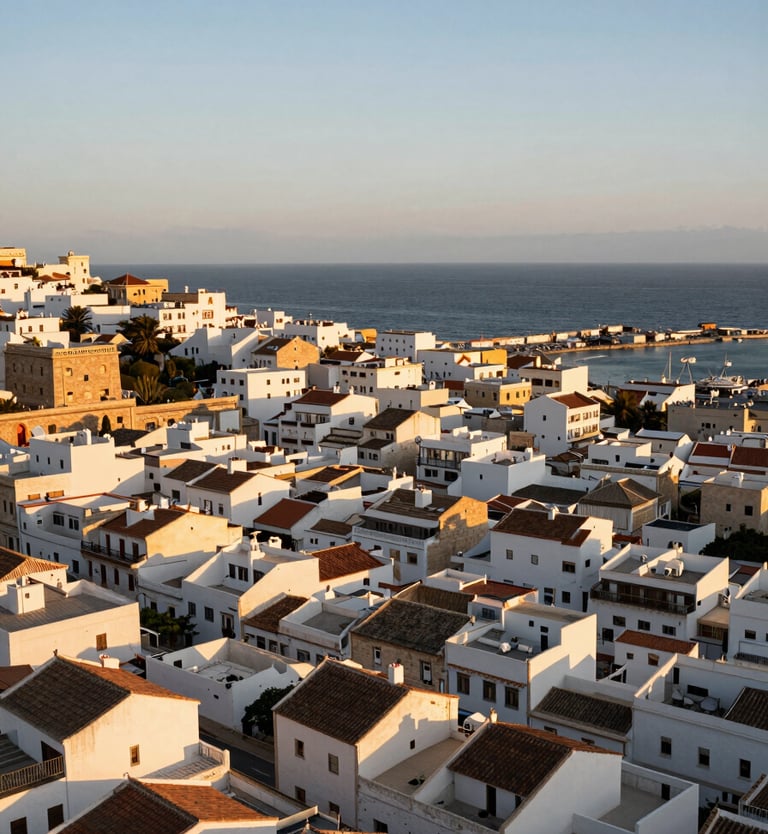 Wide panoramic aerial view of Tangier's coastal neighborhoods at golden hour, dense white-walled medina rooftops cascading toward the Mediterranean, the port visible in the far right third, warm amber light raking across terracotta tiles, expansive sky above