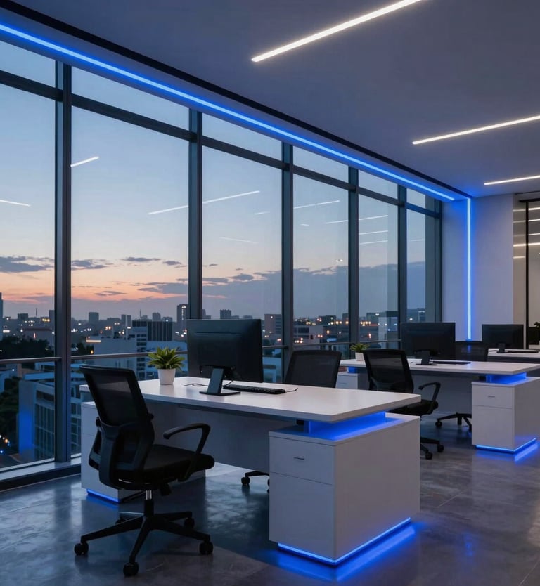 A sophisticated South American Brazilian office at dusk with panoramic windows, where electric blue neon lines accentuate the sharp, modern furniture and high-tech atmosphere.