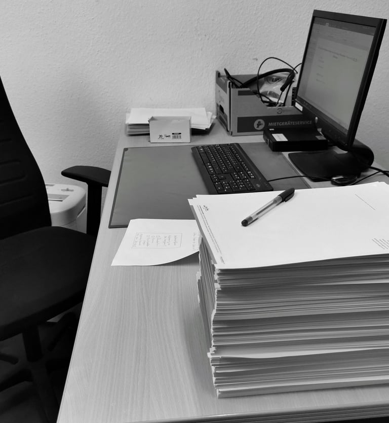 Black and white photo of a workspace with a computer, keyboard, and a large stack of paper documents.