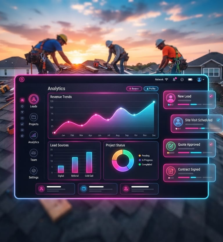 Panoramic view of a modern dashboard with lead notification popups and analytics graphs, overlaid on a blurred background of a roofing crew working on a residential roof at sunset, vibrant neon pink and blue accents.