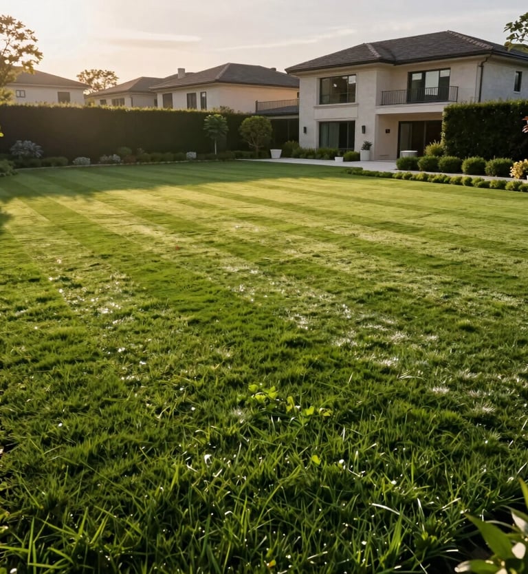 Low-angle wide shot of a manicured residential estate at early morning golden hour, perfectly striped deep green turf with crisp spade-cut garden edges, dew glistening on grass blades, high-contrast shadows