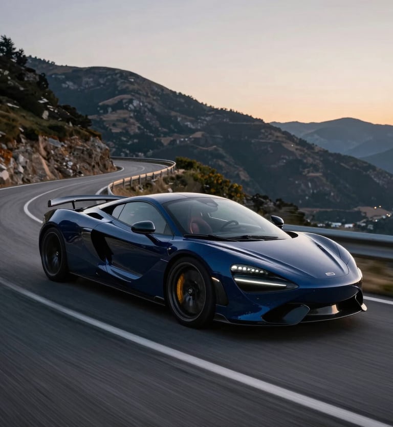 A high-performance navy blue sports car speeding along a winding mountain road at dusk, cinematic lighting, motion blur on the wheels, North American / European Luxury Automotive Market.