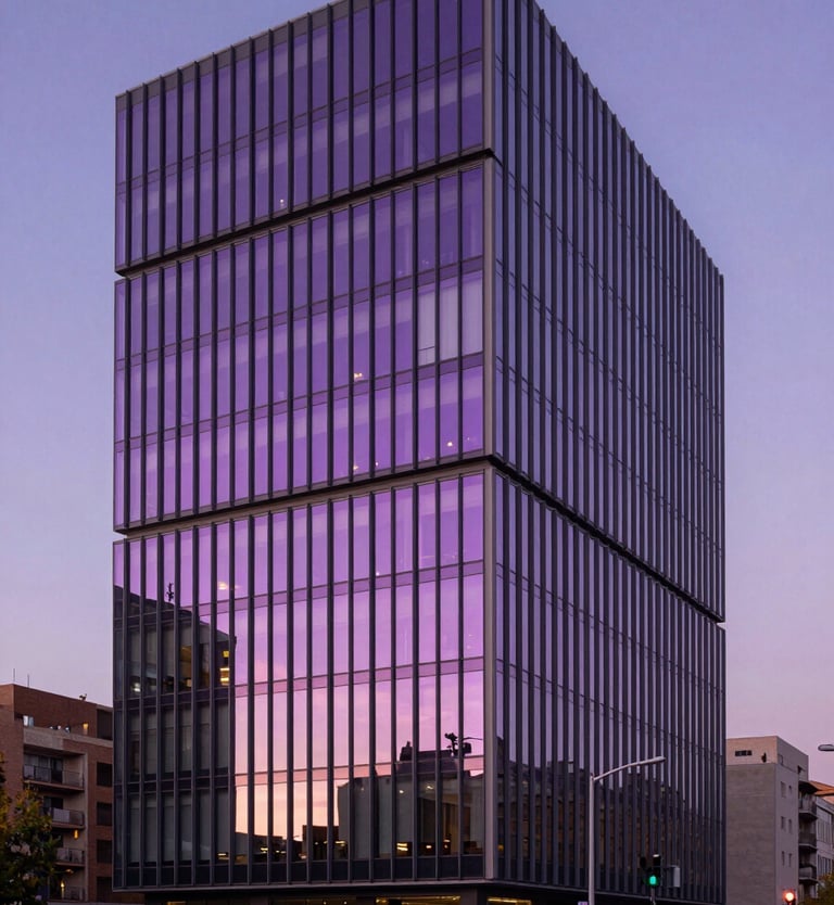 Fachada exterior de un edificio de oficinas vanguardista en Barcelona bajo una luz crepuscular, con líneas geométricas puras acentuadas por reflejos violetas y fucsias en el cristal, estilo minimalista y sofisticado.