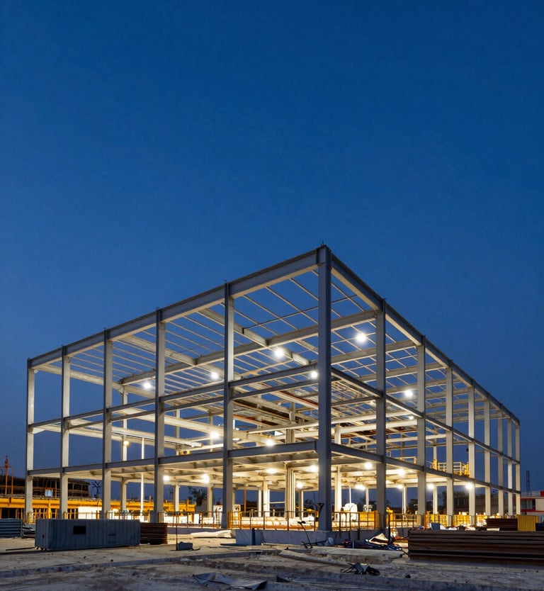 A wide-angle technical photograph of a large-scale commercial construction site at dusk. The structural steel frame is highlighted by warm site lights against a dark royal blue sky. Sharp focus and professional architectural photography style.