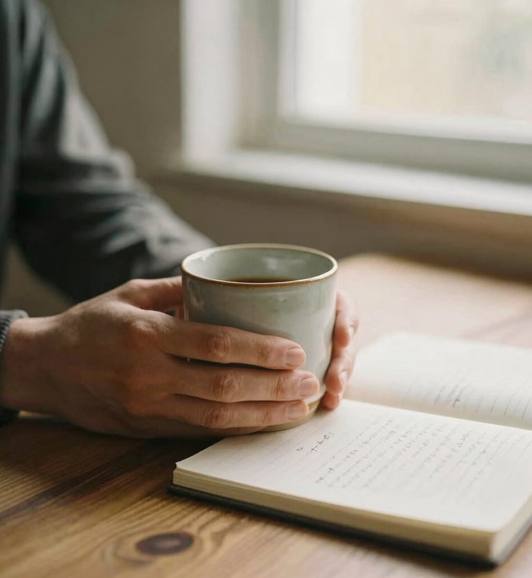 Hands holding a ceramic mug on a wooden table, soft light from a window, open notebook with hand-written notes nearby, warm editorial photography