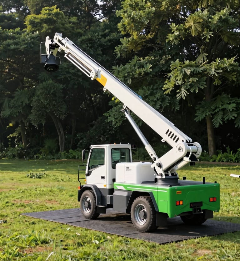 A clean white and green articulating aerial lift truck parked on protective rubber mats on a lush green lawn, morning sunlight, 35mm lens
