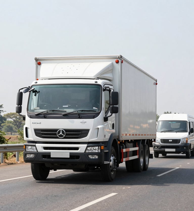 Wide shot of a modern commercial truck driving on a highway in Madhya Pradesh, with a smaller commercial van following, bright natural daylight, high-contrast industrial tones, sharp focus, 35mm lens