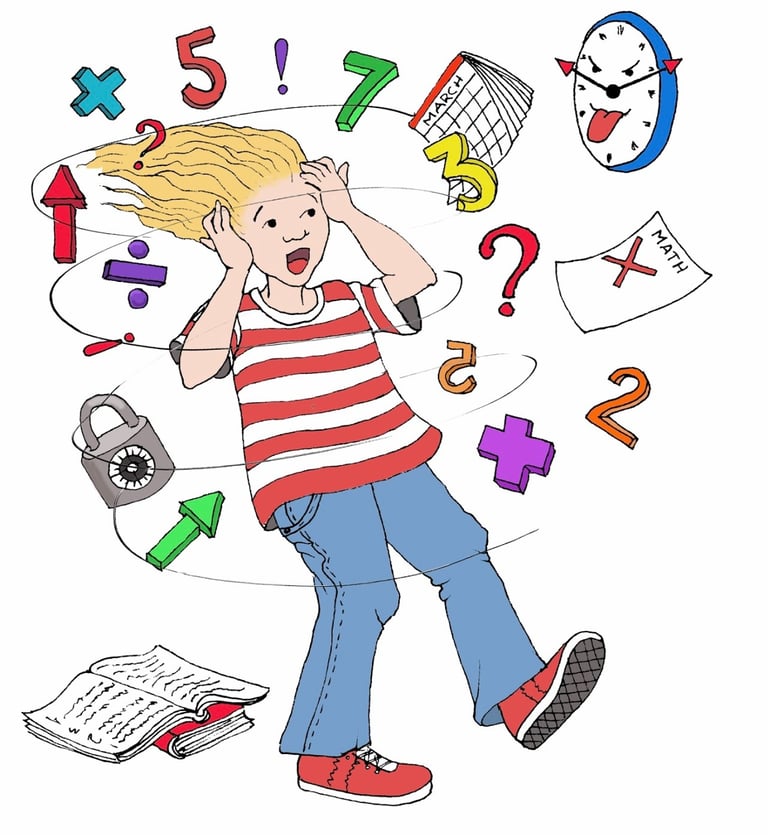Artist: JoEllen Bosson Illustration of girl with numbers, calendars, lock, and clock swirling around