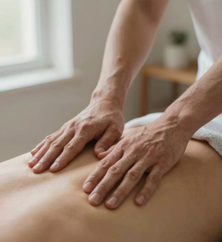 Close-up of therapist hands pressing firmly into a client's upper back and shoulder muscles, soft diffused window light from the left, warm neutral treatment room visible in the background, shallow depth of field emphasizing the contact point