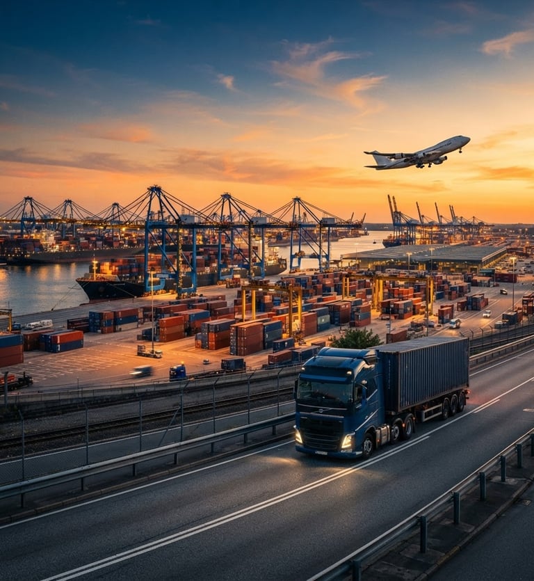Wide panoramic view of a bustling global port at golden hour, featuring large container ships, cranes, and a modern cargo plane taking off in the background, with a sleek semi-truck driving on a road in the foreground. Dramatic industrial lighting, deep blue and orange tones, sharp details, wide-angle lens, cinematic industrial photography.