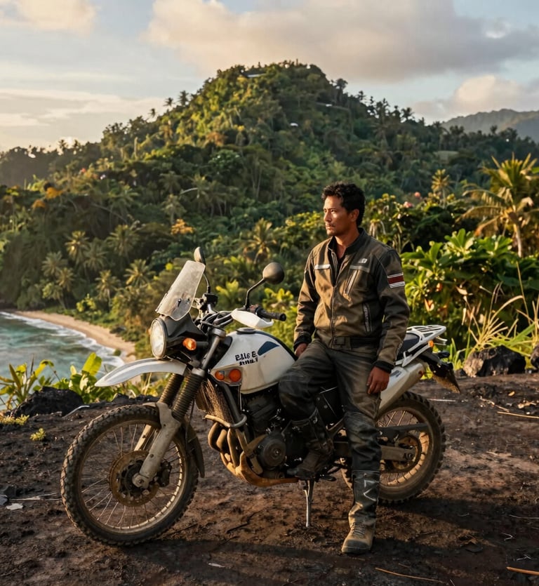 Portrait of Ellis E. Reno III, a rugged man in motorcycle gear, standing beside a dusty adventure motorcycle on a remote coastal cliff in the Philippines, golden-hour sun, wide environmental landscape