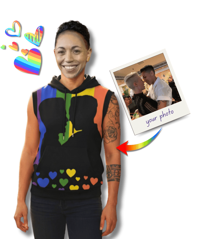 Lesbian model wearing custom photo rainbow pride sleeveless hoodie vest