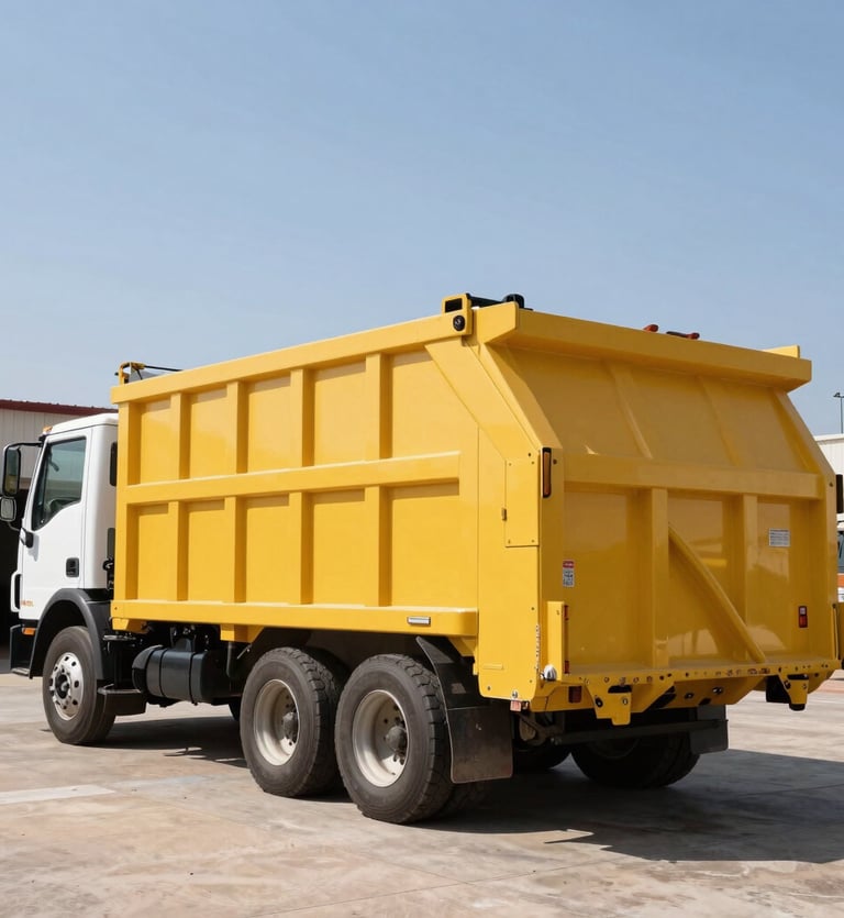 Low-angle heroic shot of a heavy-duty yellow dumpster delivery truck parked at our North Austin yard, bright Texas daylight, sharp focus, industrial utility photography.
