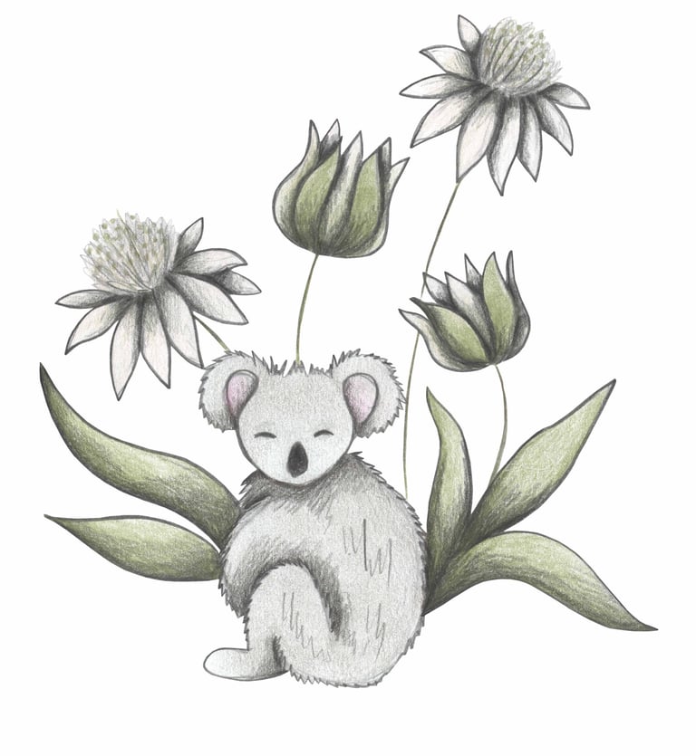 Hand-drawn illustration of a koala surrounded by white and green flowers