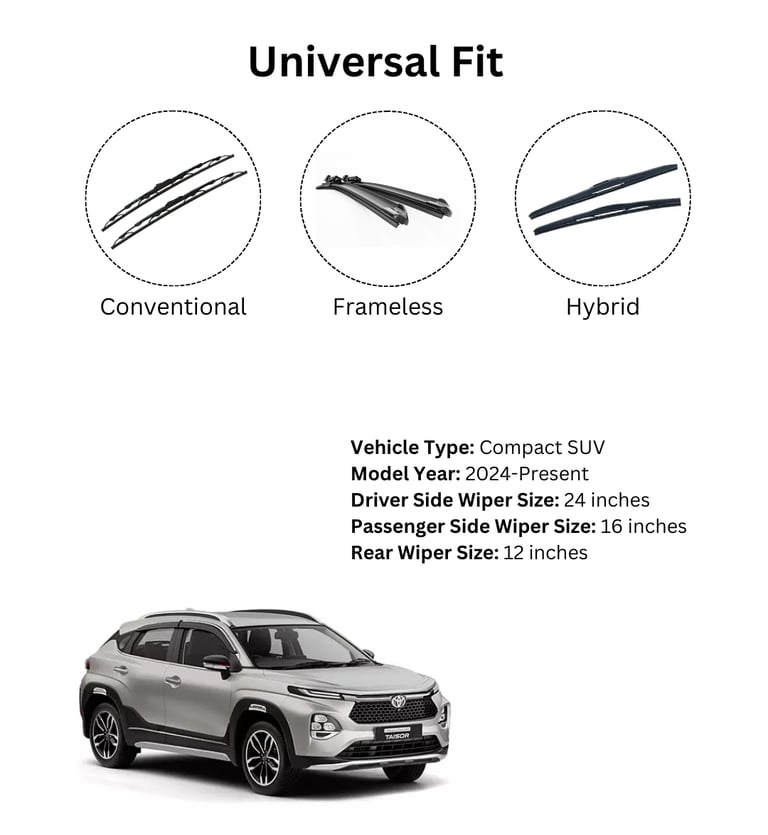 Wiper blade sizes for Toyota Taisor – 22 inch, 16 inch, 12 inch