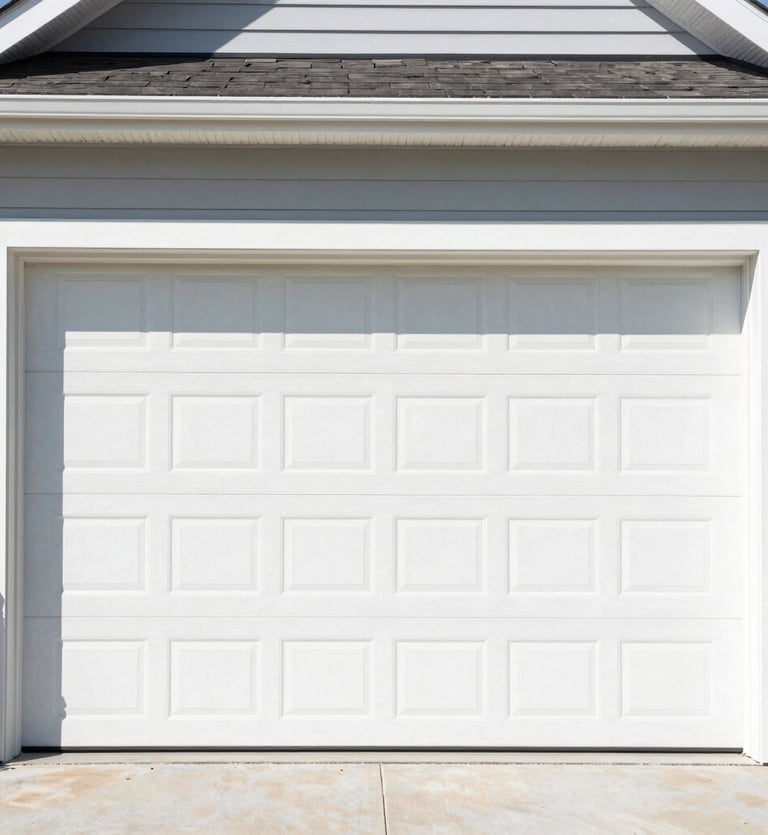 Medium shot of a clean, newly installed modern garage door on a suburban Centerton home, bright natural outdoor daylight, crisp focus.